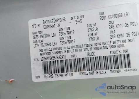 2005 Dodge Ram 1500 St из США, поврежденный, VIN 1D7HA16K55J642431